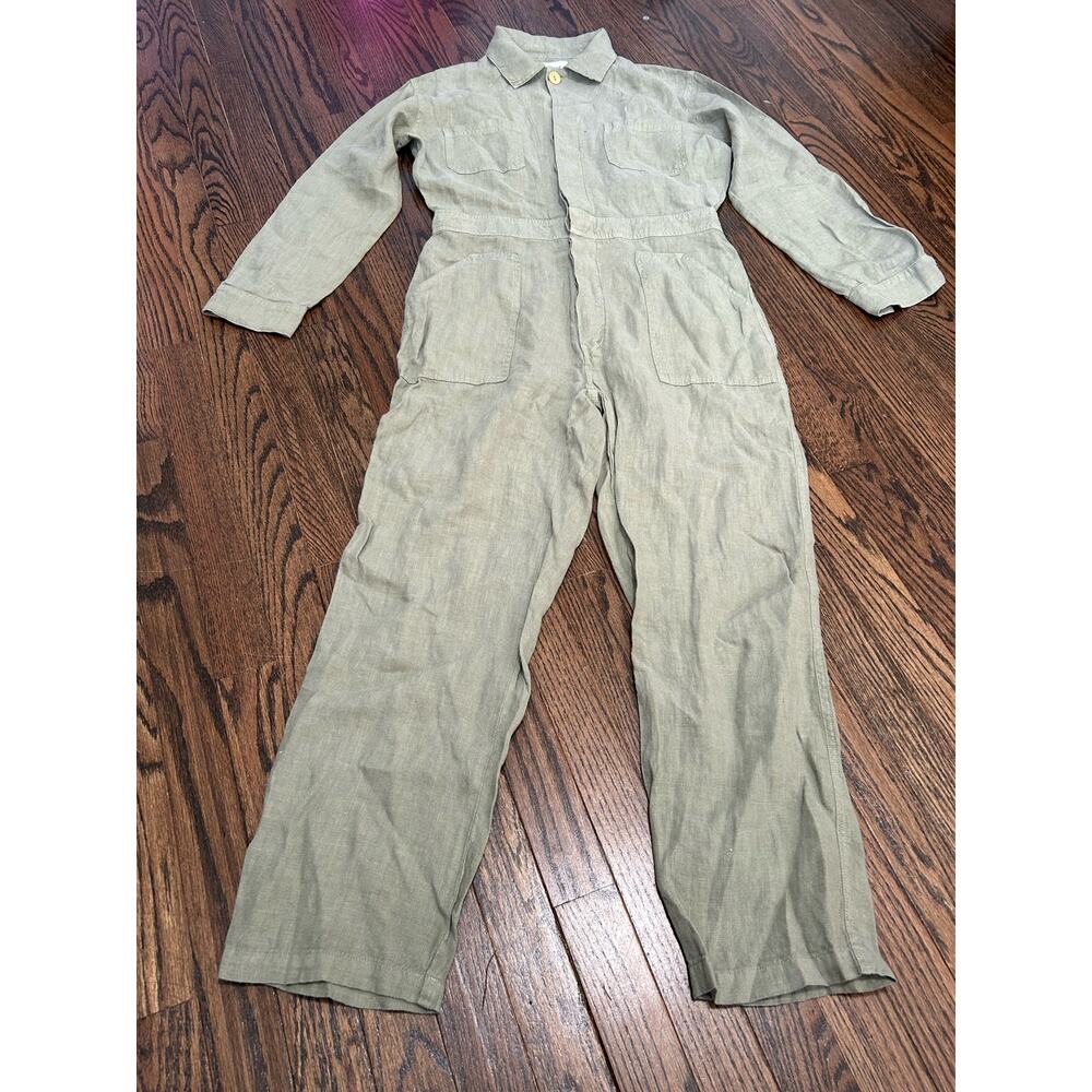 Mate The Label Linen Jumpsuit Short Sleeves Button Front Pockets Green Small NEW